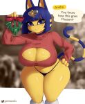  2022 absurd_res animal_crossing ankha_(animal_crossing) anthro breasts cleavage clothed clothing dialogue digital_media_(artwork) domestic_cat english_text eyebrows felid feline felis female fingers front_view gammainks hair hi_res looking_at_viewer mammal mistletoe nintendo plant smile solo text 