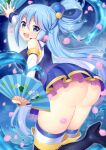  10s 1girl aqua_(konosuba) ass bad_id bad_pixiv_id bare_shoulders blue_eyes blue_hair blush breasts detached_sleeves folding_fan hair_ornament hair_rings hand_fan highres hio_(hiohio0306) kono_subarashii_sekai_ni_shukufuku_wo! long_hair looking_at_viewer no_panties open_mouth skirt smile solo thighhighs very_long_hair 