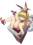  1girl ahoge animal_ears ankle_ribbon blonde_hair blue_eyes breasts chimney commentary gloves high_heels highres large_breasts leg_ribbon nonco original rabbit_ears red_footwear red_gloves red_ribbon ribbon sack santa_costume white_background 