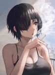  1girl absurdres black_camisole black_hair blue_eyes blurry blurry_background breasts camisole chainsaw_man cigarette cleavage cozyu highres himeno_(chainsaw_man) holding holding_cigarette large_breasts looking_to_the_side railing short_hair smoke smoking solo 