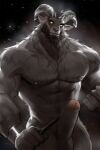  2022 abs anthro balls beard biceps black_background bovid caprine caprine_demon demon erection facial_hair foreskin genitals glowing glowing_body glowing_eyes goat_demon hi_res holding_object horn looking_at_viewer male mammal manly muscular muscular_arms nipples nude pecs penis simple_background solo standing triceps wristband yellow_eyes 