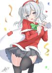  1girl absurdres black_thighhighs blue_eyes breasts calin capelet confetti fur-trimmed_capelet fur-trimmed_shirt fur_trim grey_hair grey_skirt heart highres kantai_collection kashima_(kancolle) looking_at_viewer medium_breasts one-hour_drawing_challenge pleated_skirt red_capelet red_shirt sack shirt sidelocks simple_background skirt smile solo thighhighs twintails wavy_hair white_background 