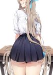  1girl ass asuna_(blue_archive) blonde_hair blue_archive blue_ribbon blush ddangbi desk from_behind grin hair_ribbon hand_on_own_thigh head_out_of_frame highres long_hair miniskirt pleated_skirt ribbon school_desk school_uniform scrunchie shirt shirt_tucked_in simple_background skirt sleeves_rolled_up smile solo thigh_gap very_long_hair white_background white_shirt wrist_scrunchie 