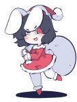  1girl ;d animal_ears black_hair dress fried_rice0614 fur_trim hat highres inaba_tewi looking_at_viewer one-hour_drawing_challenge one_eye_closed open_mouth rabbit_ears rabbit_girl rabbit_tail red_dress red_eyes red_footwear red_headwear santa_costume santa_hat short_hair simple_background smile solo standing standing_on_one_leg tail touhou white_background 