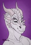  2017 anthro bust_portrait cheek_spikes closed_smile dated dragon eyes_closed facial_spikes front_view grey_horn hi_res horn male mouth_closed nude portrait riorix signature simple_background solo spikes spikes_(anatomy) white_body 