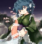  1girl animal_penis bar_censor blue_eyes blue_hair blush censored frilled_sleeves frills futanari green_kimono hair_between_eyes head_fins heart japanese_clothes kimono long_sleeves mermaid monster_girl obi open_mouth penis sash short_hair solo touhou uisu_(noguchipint) wakasagihime water wide_sleeves 