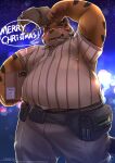 2022 anthro belly big_belly blush bottomwear clothing delivery_(commerce) delivery_employee felid hat headgear headwear hi_res humanoid_hands kemono korokke male mammal overweight overweight_male pantherine pants solo tiger 