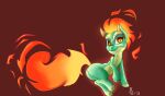  2018 asian_mythology brown_background butt catlion3 chinese_mythology digital_drawing_(artwork) digital_media_(artwork) dragon east_asian_mythology female feral fire flaming_hair flaming_tail green_body green_scales hi_res hybrid longma mythology orange_eyes pseudo_hair pupils scales scalie simple_background slit_pupils solo them&#039;s_fightin&#039;_herds tianhuo_(tfh) 