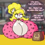  1:1 amanda_(flufflewdzthings) anthro bandage beverage big_breasts bimbofication bimbofied blonde_hair blurred_background breast_rest breasts cleavage clothed clothing container cup domestic_cat ear_piercing ear_ring english_text fast_food fast_food_restaurant felid feline felis female flufflewdzthings food hair hair_bun hi_res huge_breasts hyper hyper_breasts jewelry lips lipstick makeup mammal necklace pattern_clothing piercing ring_piercing shaded simple_shading solo speech_bubble text thick_lips 