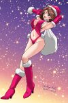  1girl azumi_(girls_und_panzer) blue_eyes breasts brown_hair choker christmas full_body girls_und_panzer gloves hat holding holding_sack large_breasts looking_at_viewer matsui_yasutsugu one-hour_drawing_challenge panties red_footwear red_panties sack santa_costume santa_hat shiny shiny_hair signature simple_background solo starry_background underwear 