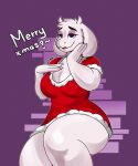  absurd_res anthro big_breasts boss_monster bovid breasts caprine christmas christmas_clothing clothed clothing digital_media_(artwork) english_text female fur hi_res holidays horn looking_at_viewer mammal mature_anthro mature_female purple_eyes rodd.y simple_background smile solo text thick_thighs toriel undertale undertale_(series) video_games white_body white_fur wide_hips 