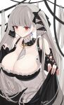  1girl absurdly_long_hair absurdres artist_name azur_lane bare_shoulders between_breasts black_dress blue_gemstone breasts cleavage clothing_cutout detached_collar dress earrings formidable_(azur_lane) frilled_dress frills from_above gem gothic_lolita grey_hair hair_ribbon highres huge_breasts jewelry lolita_fashion long_hair looking_at_viewer necktie necktie_between_breasts ribbon shoulder_cutout simple_background solo tarakon twintails two-tone_dress two-tone_ribbon very_long_hair white_background 