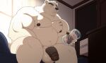  2022 anthro balls bear beartouma_0517 belly black_nose detailed_background genitals hi_res inside kemono male mammal moobs nipples overweight overweight_male penis polar_bear sex_toy sitting solo ursine 