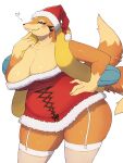  &lt;3 3:4 anthro baburusushi biped blush breasts christmas christmas_clothing christmas_headwear cleavage clothed clothing eyelashes female floatzel front_view generation_4_pokemon hat headgear headwear hi_res holidays legwear looking_at_viewer nintendo orange_body pokemon pokemon_(species) santa_hat simple_background smile solo thick_thighs thigh_highs white_background 