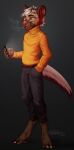  2017 anthro barefoot black_bottomwear black_clothing black_pants blue_sclera bottomwear brown_body brown_fur cheek_tuft clothed clothing dated facial_tuft feet full-length_portrait fur green_eyes hair hand_in_pocket hi_res hyena inner_ear_fluff male mammal mouth_closed orange_clothing orange_sweater orange_topwear pants pockets portrait red_eyes red_inner_ear_fluff riorix short_hair signature simple_background smoke smoking solo standing sweater tan_body tan_fur topwear tuft white_hair 