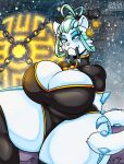  2022 absurd_res anthro anthrofied artist_name big_breasts black_clothing black_topwear blue_eyes breasts chain chien-pao cleavage clothed clothing drokmars female hi_res legendary_pokemon nintendo patreon pokemon pokemon_(species) snow solo thick_thighs topwear watermark wide_hips 