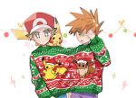  +_+ 2boys blue_oak blush brown_eyes brown_hair character_print christmas_sweater closed_mouth commentary_request covering_one_eye eevee green_sweater hat huan_li male_focus multiple_boys pants pikachu pokemon pokemon_(creature) pokemon_(game) pokemon_frlg purple_pants red_(pokemon) red_headwear shared_clothes shared_sweater short_hair sparkle spiked_hair sweater white_background 