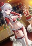  2girls andou_shuki animal_ears asahina_aoi asymmetrical_legwear bangs bikini blue_eyes blush breasts brown_hair cameltoe capelet christmas_tree cleavage commentary_request covered_nipples crop_top danganronpa:_trigger_happy_havoc danganronpa_(series) dutch_angle elbow_gloves fake_animal_ears feet_out_of_frame food front-tie_bikini_top front-tie_top fur_trim gloves grey_hair groin hand_up hat high_ponytail highres indoors kirigiri_kyouko legs_together long_hair looking_at_another looking_at_viewer medium_breasts miniskirt multiple_girls navel night paid_reward_available pale_skin plate pom_pom_(clothes) ponytail purple_eyes rabbit_ears red_bikini red_gloves red_headwear red_skirt red_thighhighs santa_bikini santa_hat side-tie_bikini_bottom single_thighhigh skirt standing stomach strapless swimsuit table tan thighhighs very_long_hair window 