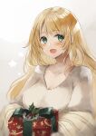  1girl atago_(kancolle) blonde_hair blush box breasts cleavage collarbone gift gift_box green_eyes hatomaru_(hatomaru56) highres holding holding_gift kantai_collection large_breasts long_hair long_sleeves open_mouth shirt smile solo upper_body white_shirt 
