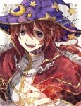  1boy bangs capelet commentary_request crescent crescent_hat_ornament dated hair_between_eyes hat hat_ornament high_wizard_(ragnarok_online) looking_at_viewer male_focus open_mouth purple_eyes purple_headwear ragnarok_online red_capelet red_hair shirt short_hair smile solo star_(symbol) star_print teeth tokio_(okt0w0) upper_body white_shirt witch_hat 