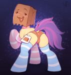  absurd_res argigen bag_over_head blush butt clothing equid equine fan_character female feral hasbro hi_res hooves horse legwear looking_back mammal multicolored_tail my_little_pony panties paper_bag_(oc) pony solo thigh_highs underwear yellow_body 
