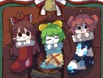 3girls :&gt; bangs bell black_eyes bow brown_hair chibi christmas christmas_stocking closed_eyes colored_skin commentary_request cookie_(touhou) daiyousei diyusi_(cookie) fireplace frilled_bow frilled_hair_tubes frills hair_bobbles hair_bow hair_ornament hair_tubes hakurei_reimu highres long_hair looking_at_viewer multiple_girls noel_(cookie) onozuka_komachi open_mouth red_bow red_hair shaberu_hoppeta shaded_face shishou_(cookie) short_hair smile touhou white_skin yellow_bow 