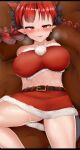 1girl blush braid breasts commentary fur_trim indoors kaenbyou_rin large_breasts long_hair looking_at_viewer lying mizuga navel on_back pointy_ears red_eyes red_hair red_skirt santa_costume side_braids skirt solo sweat symbol-only_commentary touhou twin_braids 