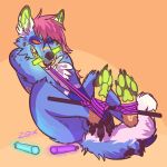  1:1 4_toes ambiguous_gender anthro blue_body blue_fur bound canid canine chest_tuft claws collar collar_only covering covering_crotch covering_self ear_piercing feet feet_tied fur glowing glowing_ears glowing_pawpads glowstick glowstick_in_mouth green_pawpads hair hi_res lying mammal multicolored_body multicolored_fur nude object_in_mouth on_back one_eye_closed orange_background pawpads piercing pink_hair signature simple_background solo teeth toes tuft z0x 