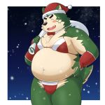  1:1 anthro belly bikini blush bulge canid canine canis christmas christmas_clothing christmas_headwear clothed clothing crossdressing domestic_dog embarrassed eyebrows fur green_body green_fur hat headgear headwear hi_res holidays lifewonders live-a-hero male mammal mokdai navel overweight santa_hat smile snow snowing solo swimwear thick_eyebrows yaki_atsuage 