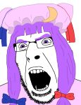  angry blue_ribbon colored_skin facial_hair genderswap genderswap_(ftm) glasses open_mouth patchouli_knowledge purple_eyes purple_hair red_ribbon ribbon stubble touhou white_background white_skin 