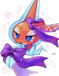  blue_eyes blush bound bow clenched_teeth commentary_request heart kokemushi_(kuru_fox) looking_down no_humans pokemon pokemon_(creature) purple_bow rotom rotom_(normal) squiggle sweat tearing_up teeth tied_up_(nonsexual) translation_request 
