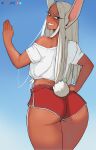  1girl animal_ears ass bangs biitii blue_background blush boku_no_hero_academia dark-skinned_female dark_skin dolphin_shorts from_behind hand_on_hip hand_up highres long_eyelashes long_hair looking_at_viewer looking_back mirko off_shoulder parted_bangs patreon_logo rabbit_ears rabbit_girl rabbit_tail red_eyes red_shorts shirt shorts single_bare_shoulder smile solo sweat tail tail_through_clothes teeth thighs tied_shirt twitter_logo twitter_username white_hair white_shirt 