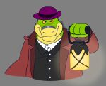  2022 alligator alligatorid anthro brok_(character) brok_the_investigator clothing crocodilian glassesgator green_body hat headgear headwear hi_res humanoid_hands reptile scalie shirt simple_background slightly_chubby solo topwear video_games 