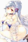  1girl ass azur_lane bikini black_choker blue_gemstone braid bug butterfly butterfly_hair_ornament choker crown_braid dunkerque_(azur_lane) dunkerque_(summer_sucre)_(azur_lane) from_above gem grey_hair hair_ornament long_hair marker_(medium) purple_bikini red_butterfly red_eyes see-through see-through_sleeves solo swimsuit thingtng_(sgma7424) traditional_media untied untied_bikini very_long_hair 