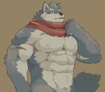  abs anthro blue_eyes blush canid canine canis crave_saga fur garouzuki grey_body grey_fur hakuma_(crave_saga) hi_res male mammal mostly_nude muscular muscular_anthro muscular_male nipples nude pecs scar scarf scarf_only solo wolf 