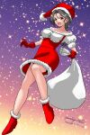  1girl boots christmas full_body girls_und_panzer gloves grey_eyes grey_hair hat holding holding_sack looking_at_viewer matsui_yasutsugu one-hour_drawing_challenge piyotan_(girls_und_panzer) sack santa_costume santa_hat shiny shiny_hair signature simple_background smile solo starry_background 