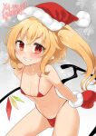  1girl absurdres alternate_costume bangs bare_shoulders bikini blush breasts christmas cleavage collarbone contrapposto crystal flandre_scarlet fur_trim gradient gradient_background grey_background grin harry_(namayake) hat highres leaning_forward medium_breasts micro_bikini mittens one_side_up pointy_ears red_bikini santa_hat short_hair short_hair_with_long_locks simple_background smile snowflakes solo swimsuit teeth touhou wings 