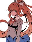  1girl bangs blazer blood blood_on_face blue_skirt bow breasts brown_hair brown_jacket chinese_commentary collared_shirt commentary_request cowboy_shot doki_doki_literature_club green_eyes hair_bow highres jacket long_hair long_sleeves monika_(doki_doki_literature_club) neck_ribbon orange_vest pleated_skirt ponytail red_ribbon ribbon school_uniform shirt simple_background skirt small_breasts smile solo thousandlayercake vest white_background white_bow white_shirt 