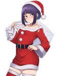  1girl audio_jack belt black_belt black_hair boku_no_hero_academia breasts christmas closed_mouth dress extra_ears hand_on_hip hat highres holding holding_sack jirou_kyouka kobaji long_sleeves pom_pom_(clothes) purple_eyes purple_hair red_dress red_nails sack santa_costume santa_dress santa_hat short_hair simple_background single_bare_shoulder skindentation small_breasts solo thighhighs thighs white_background wide_sleeves zettai_ryouiki 