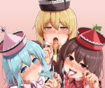  3girls baketsuya bangs black_headwear blonde_hair blue_eyes blue_hair blue_nails blush brown_hair condom cum cum_in_mouth cum_on_tongue drinking_from_condom frilled_hat frills gokkun gradient gradient_background hair_between_eyes half-closed_eyes hat highres holding holding_condom looking_at_viewer lunasa_prismriver lyrica_prismriver medium_hair melting merlin_prismriver multiple_girls nose_blush parted_bangs pink_background pink_headwear red_headwear red_nails saliva seductive_smile siblings sisters smile tongue tongue_out touhou used_condom yellow_eyes yellow_nails 