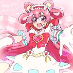  1girl bangs bow brooch choker commentary_request cone_hair_bun cure_precious delicious_party_precure dress earrings hair_bun headdress heart_brooch highres huge_bow jewelry long_hair magical_girl nagomi_yui open_mouth outstretched_arms pink_bow pink_choker pink_hair precure purple_eyes smile solo two_side_up white_dress yufu_kyouko 