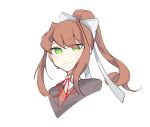  1girl bangs brown_hair brown_jacket chinese_commentary closed_mouth collared_shirt commentary_request doki_doki_literature_club eyes_visible_through_hair green_eyes hair_ribbon jacket long_hair monika_(doki_doki_literature_club) neck_ribbon palazimiplasma ponytail portrait red_ribbon ribbon shirt simple_background smile solo white_background white_ribbon white_shirt 
