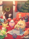  :d ball bauble berry_(pokemon) box bright_pupils brown_eyes christmas_tree christmas_wreath closed_eyes commentary_request couch door drifloon eevee fuecoco highres holding iron_bundle mokukitusui munchlax no_humans open_mouth oran_berry pichu pokemon pokemon_(creature) quaxly rowlet sawsbuck sawsbuck_(winter) sitting smile sprigatito white_pupils 