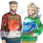  1boy 1girl alternate_costume beard bright_pupils brown_eyes brown_hair christmas_sweater closed_mouth commentary_request earrings facial_hair green_eyes green_sweater grin hand_on_hip highres husband_and_wife jewelry long_sleeves looking_at_viewer pants pokemon pokemon_(game) pokemon_sv print_sweater sada_(pokemon) saida_(ohda_ooda) short_hair smile sweater teeth turo_(pokemon) undercut white_background white_pupils 