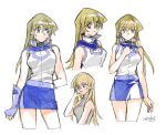  1girl 203wolves artist_name bangs bare_shoulders blonde_hair breasts buttons closed_mouth commentary_request duel_academy_uniform_(yu-gi-oh!_gx) fingerless_gloves gloves hand_on_own_chest hand_up long_hair looking_at_viewer medium_breasts miniskirt multiple_views open_mouth shiny shiny_hair signature simple_background skirt sleeveless smile tenjouin_asuka turtleneck upper_body white_background yellow_eyes yu-gi-oh! yu-gi-oh!_gx 