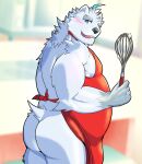  2022 anthro apron bear black_nose blush butt clothing hi_res humanoid_hands kemono knights_college male mammal overweight overweight_male paul_(knights_college) polar_bear solo ursine visual_novel yom_mido_plus 