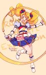  1girl alternate_form blonde_hair blush bow brooch cheerleader cure_honey cure_honey_(popcorn_cheer) happinesscharge_precure! heart_brooch highres jewelry long_hair multicolored_clothes multicolored_skirt oomori_yuuko open_mouth precure puffy_short_sleeves puffy_sleeves qianxia_yell ribbon short_sleeves skirt smile solo twintails waist_bow wing_earrings yellow_eyes 