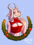  &lt;3 anthro areola belly breasts christmas christmas_clothing christmas_decorations claws cleavage clothed clothing dragon eiris_(saren662) female fur furred_dragon grey_horn hair hi_res holidays horn looking_at_viewer navel new_year pink_body pink_eyes raised_arm red_clothing smile solo ulna_moon white_hair white_inner_ear 