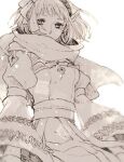  1girl arch_bishop_(ragnarok_online) bangs breasts cleavage_cutout clothing_cutout commentary_request cowboy_shot cross greyscale hairband juliet_sleeves long_sleeves looking_at_viewer medium_breasts monochrome pointy_ears puffy_sleeves ragnarok_online sash scarf short_hair simple_background solo tokio_(okt0w0) 