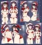  2girls :o ;d ass bikini black_hair bow bowtie breasts capelet christmas closed_mouth double_v fur_trim gloves green_eyes grin hair_bow hair_ornament hair_scrunchie hat highres kurokawa_makoto large_breasts long_hair love_live! love_live!_school_idol_project low_twintails multiple_girls navel one_eye_closed open_mouth pom_pom_(clothes) purple_eyes red_eyes santa_bikini santa_gloves santa_hat scrunchie side-tie_bikini_bottom small_breasts smile stomach striped striped_bow striped_bowtie swimsuit teeth toujou_nozomi twintails underboob v yazawa_nico 